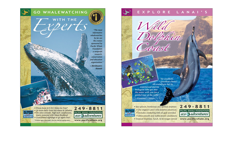 Magazine ads that were part of the same promotional campaign as the previous brochures, for Pacific Whale Foundation on Maui.