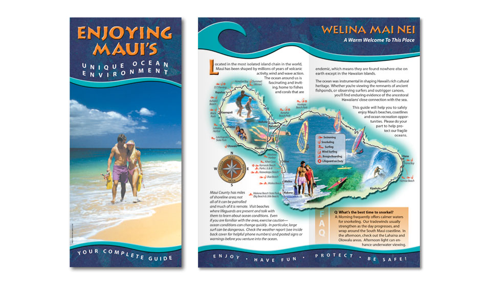 Ocean guide booklet for Pacific Whale Foundation. The 16-page guide promoted safety and best practices, and was distributed across Maui.