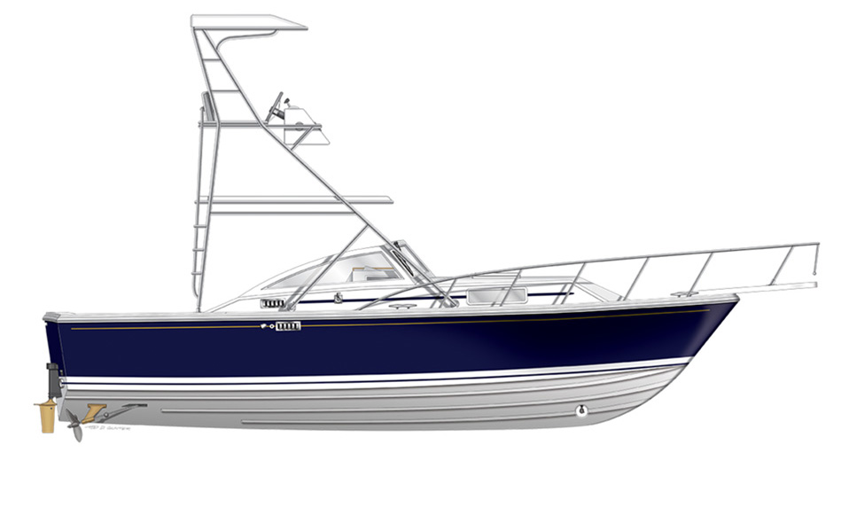 An alternate configuration of the yacht with a fishing tower, also for Manchester Boatworks.