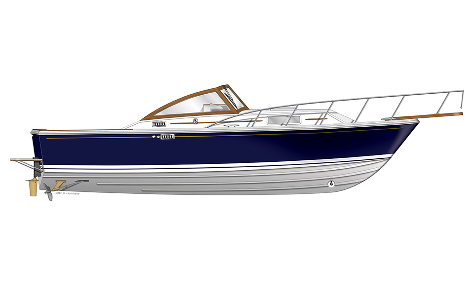 Side view illustration of a remanufactured yacht, for Manchester Boatworks.