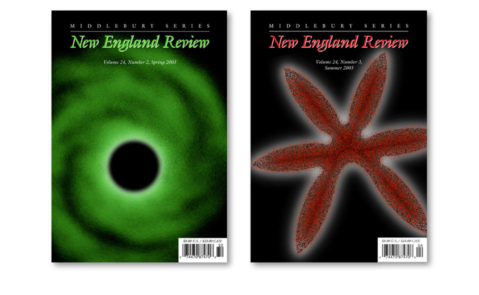 For over ten years, I created abstract cover art for <i>New England Review</i>. Covers always used two inks: black and a spot color.