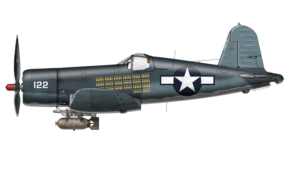 Another WWII era fighter, the F4U-1A Corsair. This airplane was named, <i>Ole 122</i>, which flew a record 100 missions.