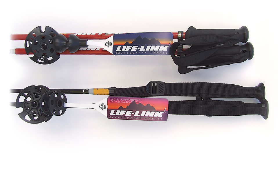 Retail tags for ski poles/avalanche probes by Life-Link. Tags have a unique 'tail' for two pairs of interchangeable baskets.