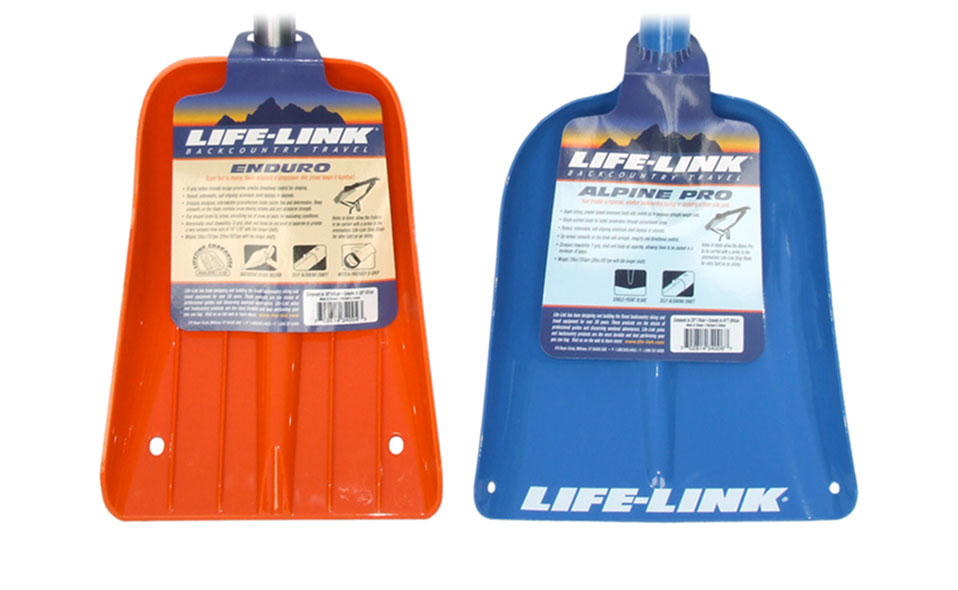 Retail tags for lightweight emergency shovels by Life-Link. Tags have a unique die-cut opening which fits three different shaft sizes.