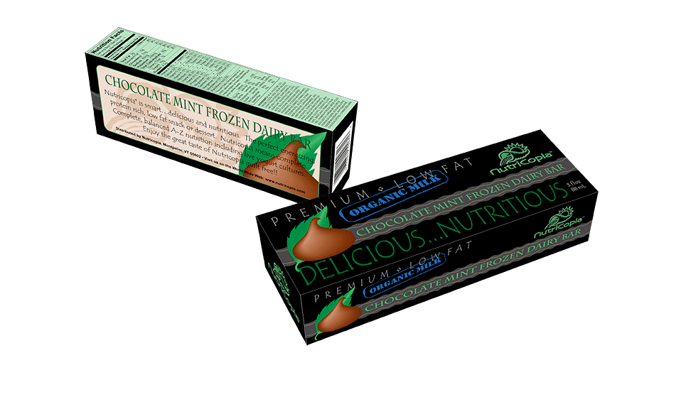 Retail packaging (individual serving) for a nutritious frozen dairy bar from NutriCopia.