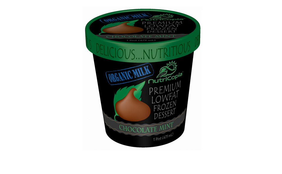 Retail packaging (pint size) for a nutritious frozen dessert from NutriCopia.
