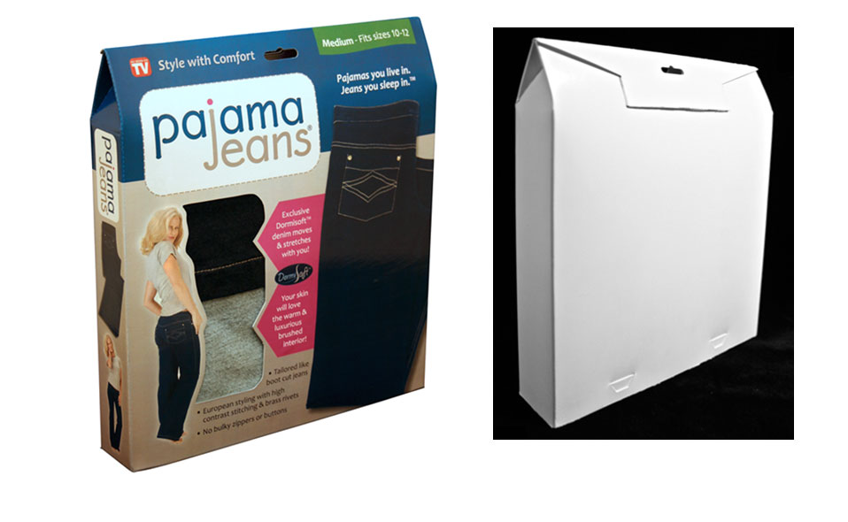 Custom retail package design and graphics for Pajama Jeans (branding by others). Prototype package on right, back view.
