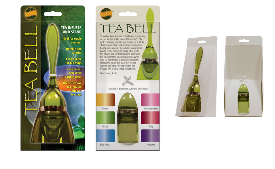 Custom retail package design and graphics for a tea infuser. Front and back panels shown, along with package prototype.
