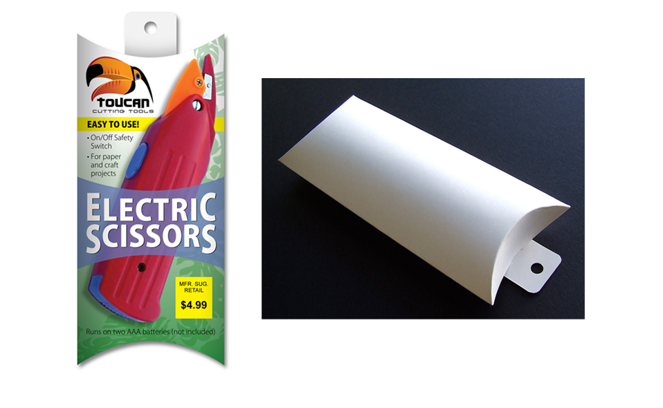 Custom retail package for electric scissors to be sold under the proposed brand of Toucan Cutting Tools. Prototype pillow box shown on right.