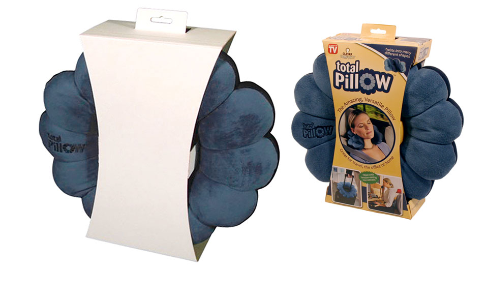 Custom retail package design for Total Pillow, early prototype shown on left. Graphics by a member of my staff, Aubree Phillips.
