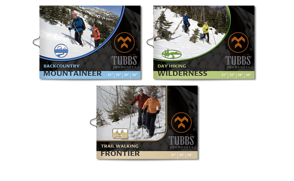 Retail hang-tags for three lines of snowshoes from Tubbs. Tags are booklets with features and specs listed inside.
