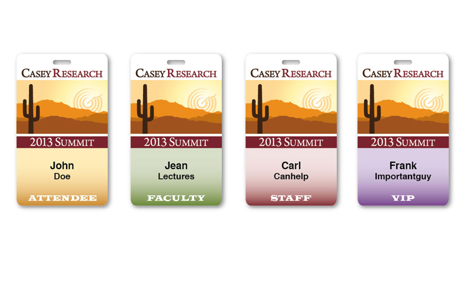 Color-coded name badges for Casey Research's 2013 annual summit.