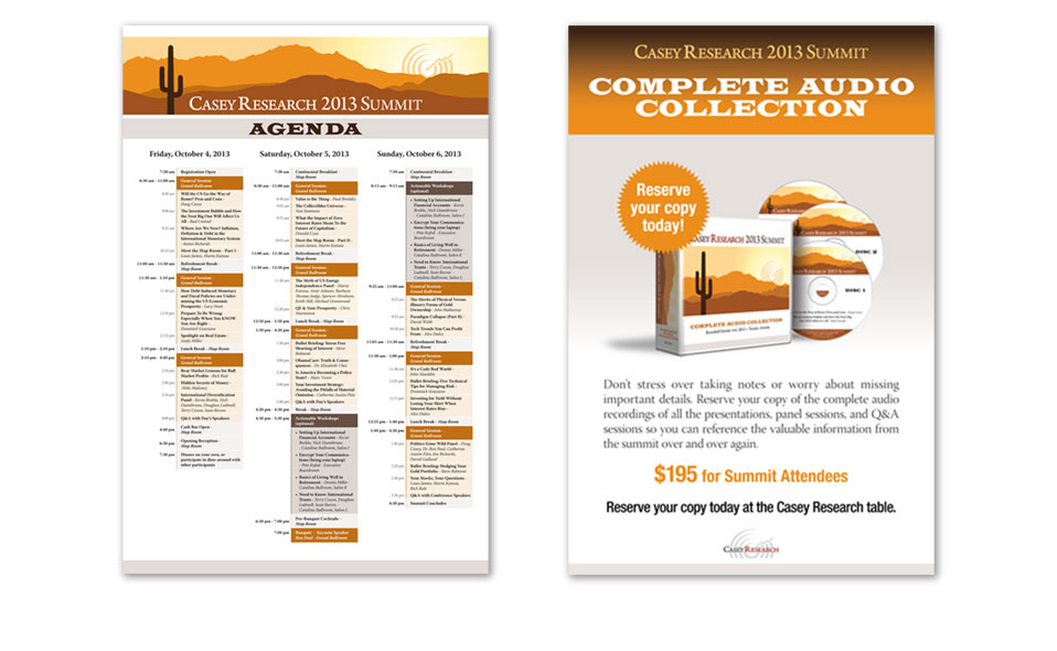 A pair of posters for Casey Research's 2013 annual summit.