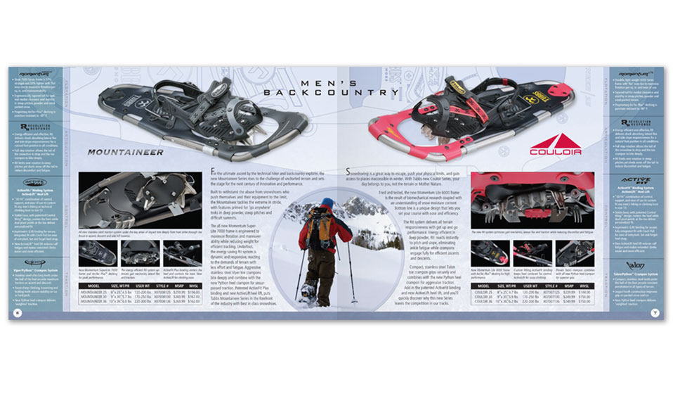07-08 catalog two-page spread for Tubbs Snowshoes.