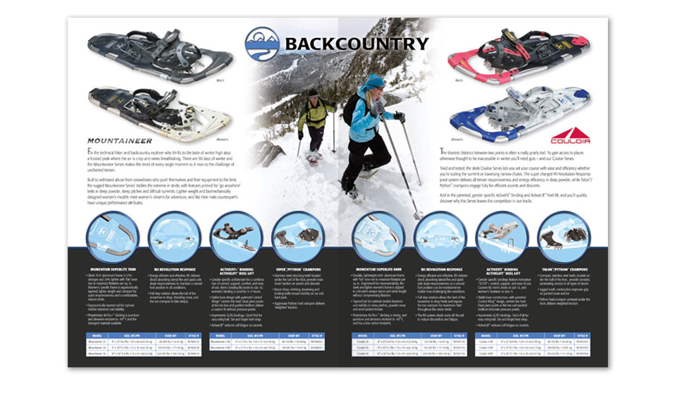 08-09 catalog two-page spread for Tubbs Snowshoes.