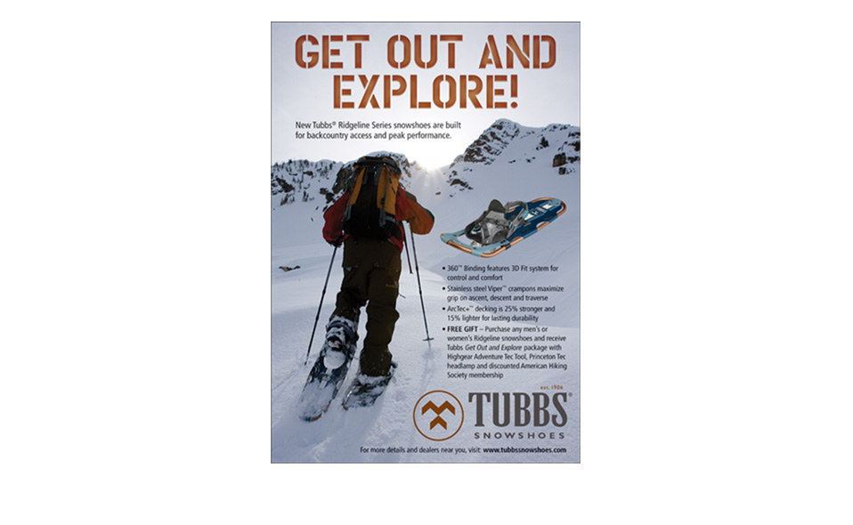 Magazine ad for Tubbs Snowshoes.