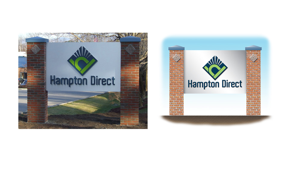 Road sign for Hampton Direct. Design rendering of sign on right. Brick pillars mimic building architecture.