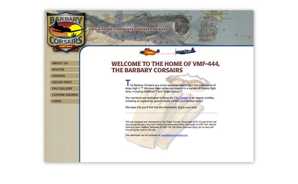 Website for a squadron of virtual pilots, who 'fly' in an online, WWII aerial combat simulation. Dogfight below the mast scrolls across the page. 