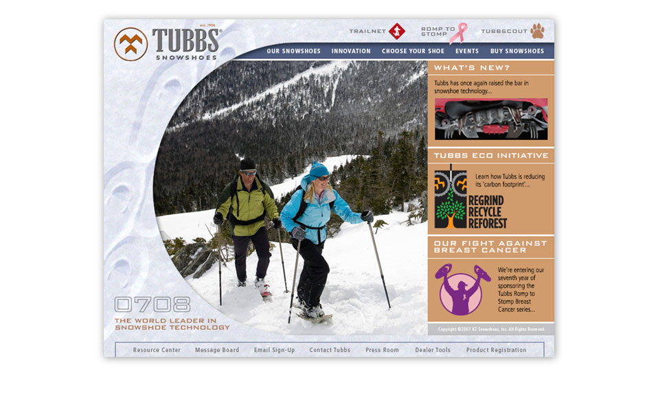 Home page of the 07-08 Tubbs Snowshoes website. I provided design, layout, & artwork. The site was coded by Tubbs' parent company, K2. 
