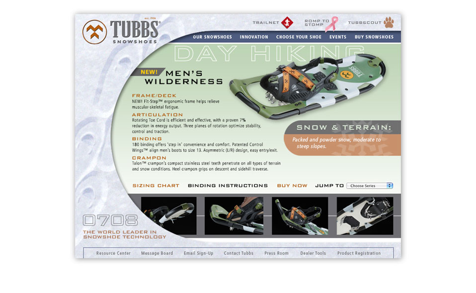 One of many product pages in the 07-08 Tubbs Snowshoes website.