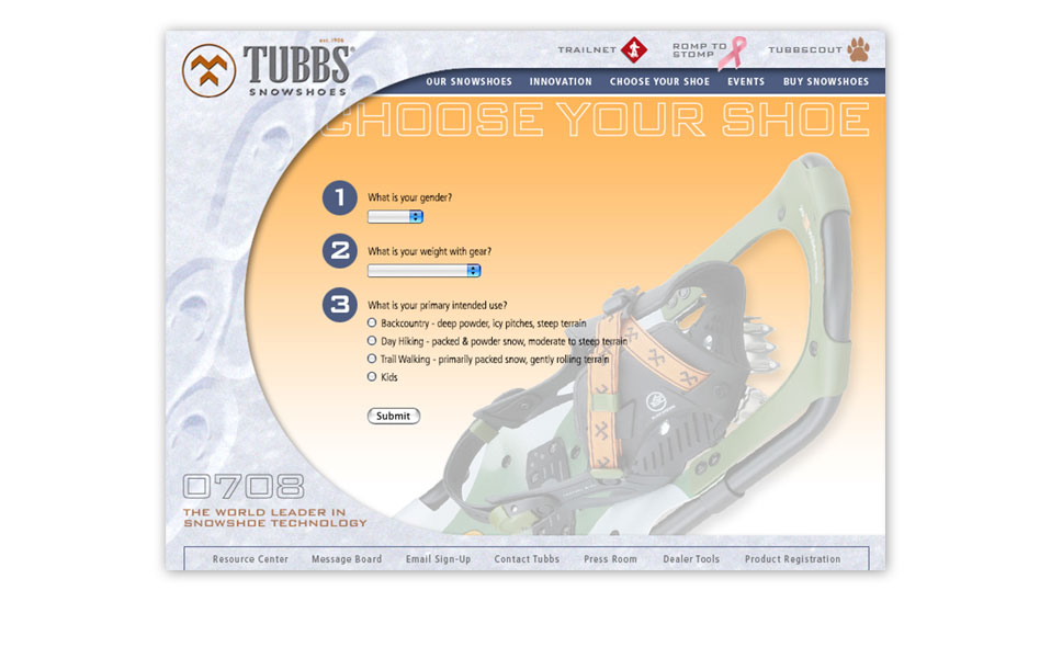 <i>Choose Your Shoe</i> page from the 07-08 Tubbs Snowshoes website. 