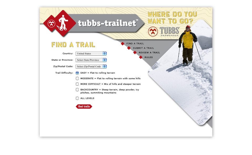 More from the 07-08 <i>Tubbs-Trailnet</i> website. This page helps a snowshoer find a trail to hike on. 